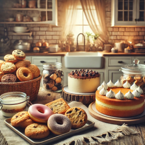 DALL·E 2024-08-31 16.24.27 - A cozy kitchen scene featuring a variety of homemade desserts and pastries like donuts, chocolate chip cookies, cakes, and flans, all arranged on a ru